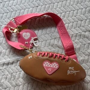 NWT Betsey Johnson Pink Brown Football Crossbody Purse Bag Charms Game Day Heart
